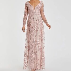 Mac Duggal Pink Floral Applique Long Sleeve Illusion Gown
